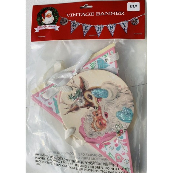 Mr. Christmas Banner MERRY Pink Turquoise Santa Reindeer 1950s Retro Ribbon 53" - Picture 4 of 11